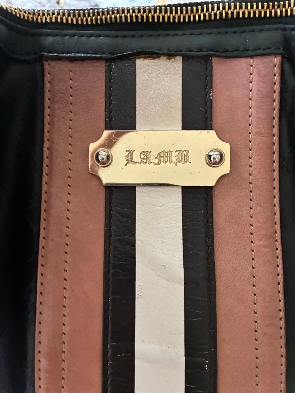 L.A.M.B. Gwen Stefani Genuine Leather Hobo Bag Black Racing Stripe Y2K
